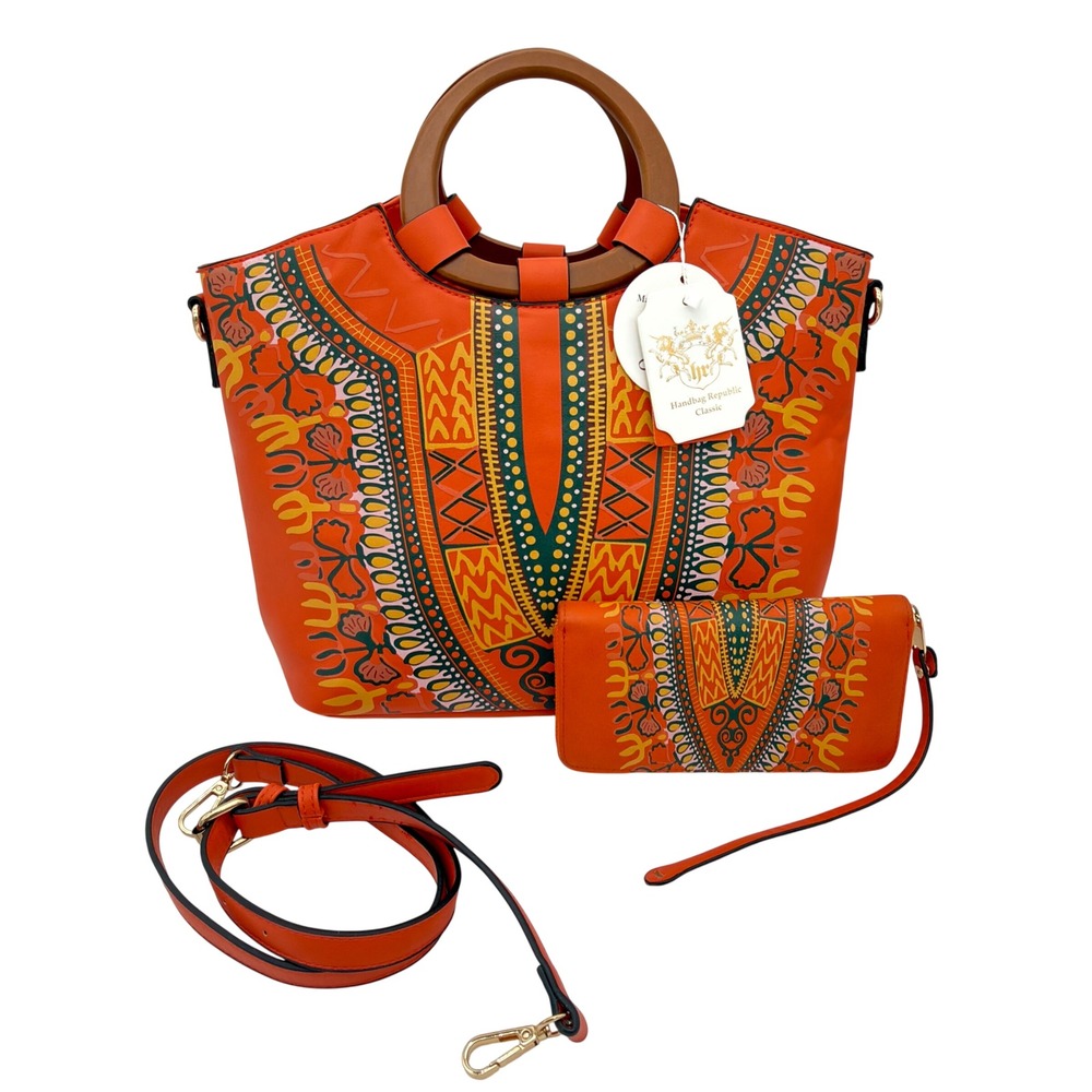 Handbag Republic Classic‎ Boho Orange Tote Bag Set Vegan Leather Wallet Strap
